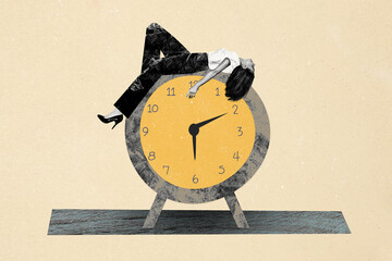 Composite photo collage of happy girl lie timekeeper watch deadline office problem time management dial isolated on painted background