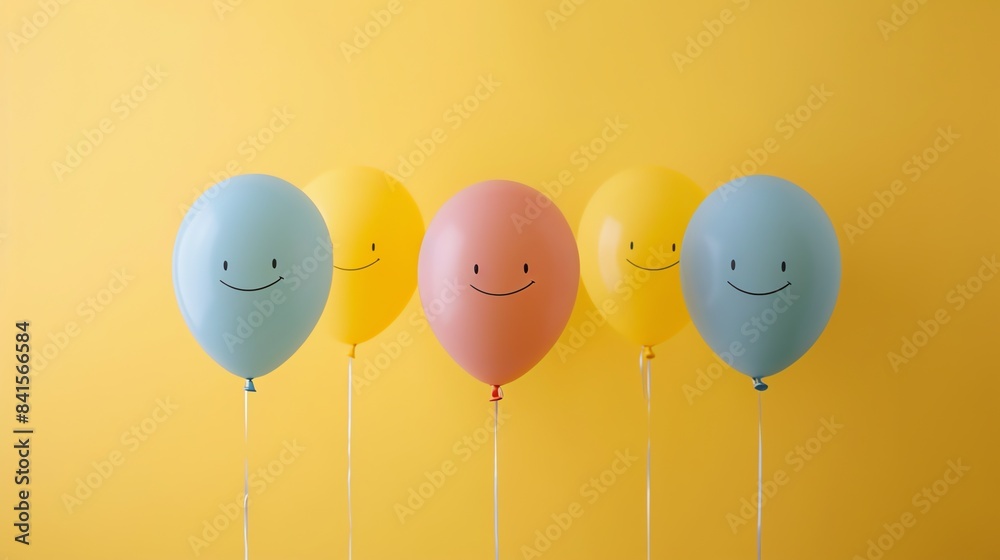 Wall mural Five colorful balloons with smiley faces on a yellow background. The balloons are blue, pink, and yellow.