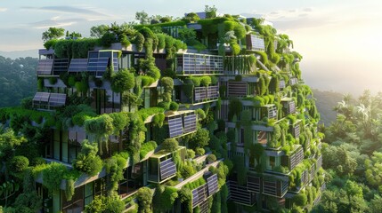 Obraz premium Create an image of a sustainable building covered in greenery and solar panels, emphasizing eco-friendly and innovative architectural design.