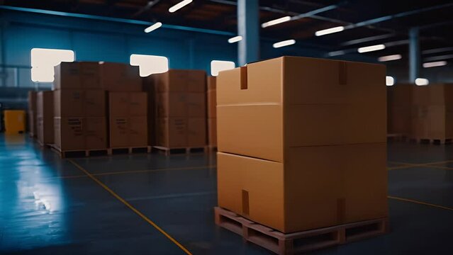 Shipping, factory and box for storage, delivery and order in supply chain, logistics and production. Ecommerce, distribution and stack of packages, cardboard and parcel in manufacturing warehouse