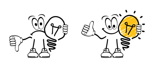 Cartoon think lamp with brain. Happy mascot stickman and light bulb or chaos icon. Comic stick figures and energetic man. Vector bulb and idea. Thinking or brainstorming ideas brain. Low energy.