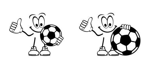 Comics, cartoon soccer ball mascot. Goal net. Soccer border on football grass field. Vector stadium, supporters. wk, ek sport finale, sports game. Street ball. Playground 2023, 2024, 2025.