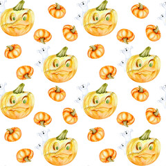 Autumn orange pumpkins with white scary ghost watercolor seamless pattern. Scary Halloween background for packing, wrapping paper, stationery design.trick or treat party