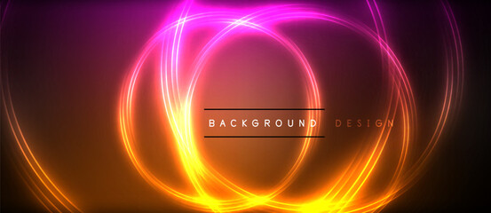 Neon glowing circle rays, light round lines in the dark, planet style neon wave lines. Energetic electric concept design for wallpaper, banner, background