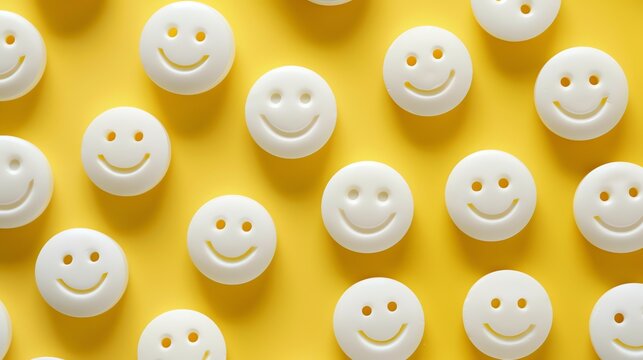 Close-up of a bunch of white happy face pills on a yellow background. The pills are arranged in a regular pattern.