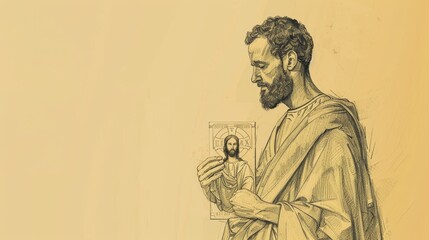 Biblical Illustration of Apostle Jude Thaddeus Holding Image of Jesus on Beige Background with Copyspace for Religious Themes and Devotion