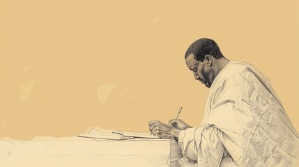 Biblical Illustration of Apostle Jude Thaddeus Writing Epistle, Filled with Encouragement and Hope, on Beige Background with Copyspace