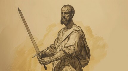 Obraz premium Biblical Illustration of Apostle James the Greater Holding Sword, Symbolizing Martyrdom on Beige Background with Copyspace