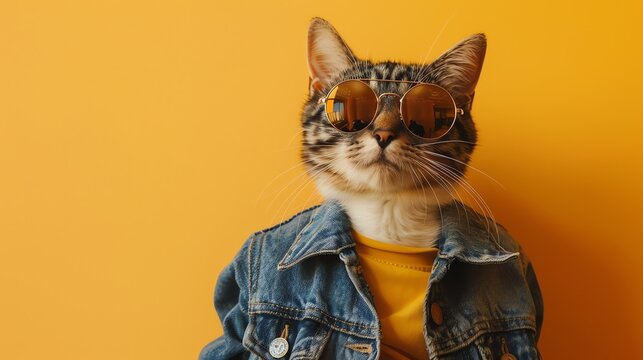 A cool cat wearing sunglasses and a denim jacket is looking at the camera with a confident expression.
