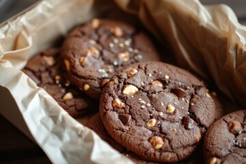 Close-up of freshly baked chocolate cookies with chocolate chips and nuts on parchment paper - Powered by Adobe