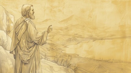 Naklejka premium Biblical Illustration of Apostle John on Island of Patmos, Receiving Visions of End Times on Beige Background with Copyspace