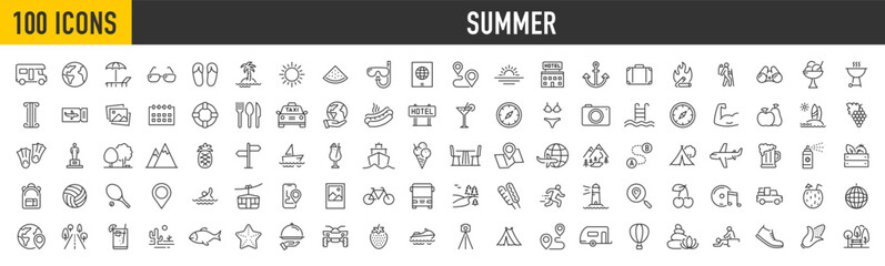 Set of 100 Summer icons. Vacation and beach web icons in line style. Travel, holiday, tourism, hotel, passport, maps, landscape, camera. Icon collection. Vector illustration.