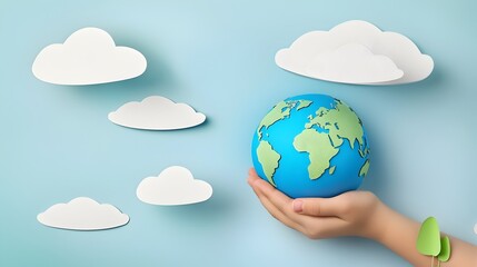 A hand holding a minimalist paper cut out globe with blue sky and clouds in the background