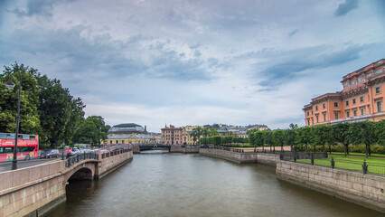 View of the Embankment of the river Moyka and Mikhailovsky Castle timelapse hyperlapse. Saint Petersburg. Russia.