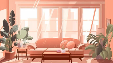 Obraz premium Living room interior. Comfortable sofa, window, chair and house plants. Paper cut style