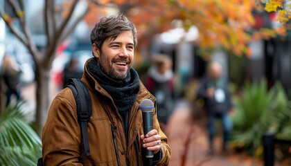 Reporter with microphone on autumn city street