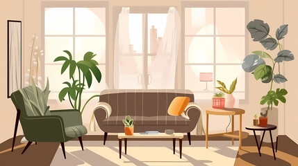 Living room interior. Comfortable sofa, window, chair and house plants. Paper cut style