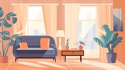 Living room interior. Comfortable sofa, window, chair and house plants. Paper cut style