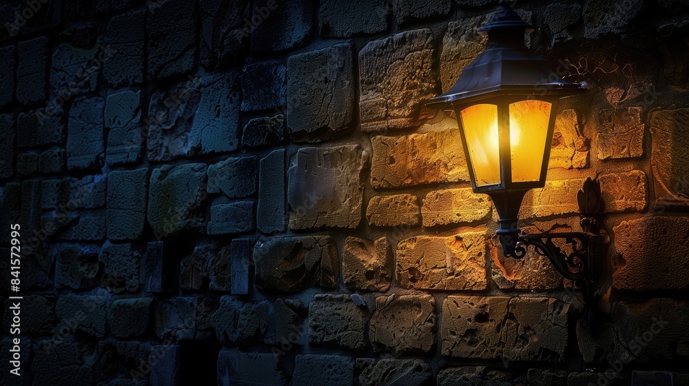 Wall mural medieval vintage street lamp illuminating a brick wall copyspace background at night