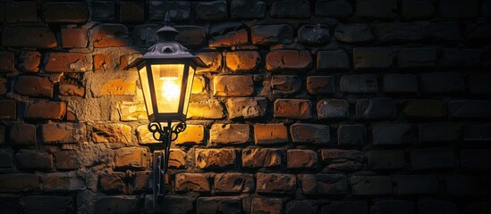 Medieval vintage street lamp illuminating a brick wall copyspace background at night
