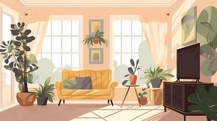 Living room interior. Comfortable sofa, window, chair and house plants. Paper cut style