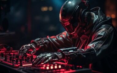 Futuristic DJ in black helmet and jacket mixing music on turntable with red neon lights in a dark, cyberpunk-themed setting.