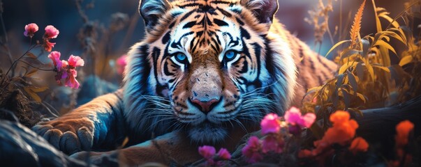 Majestic tiger resting among vibrant flowers, captured in stunning detail with a dreamlike background creating a mystical vibe. - Powered by Adobe