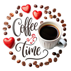 Obraz premium A stylized illustration of a coffee cup, hearts, and coffee beans on a transparent background. Generative AI