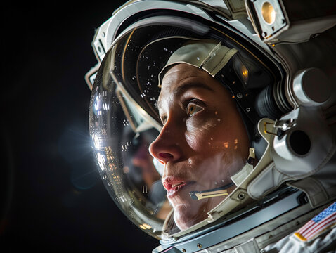 Full portrait of Caucasian female astronaut during spacewalk, black deep space background 