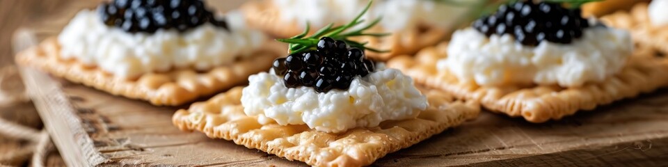 Gourmet Cracker Appetizer with Black Caviar and Cream Cheese on Elegant Plate