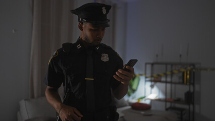African american police officer indoors examining smartphone with crime scene tape in background