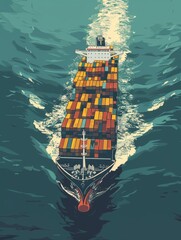 A large ship is sailing through the ocean with a blue sky in the background. The ship is carrying a large number of containers, and the water is choppy. Scene is one of adventure and excitement