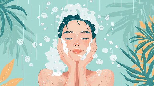 Flat design summer skincare tip with practicing good hygiene, washing face regularly, and preventing breakouts