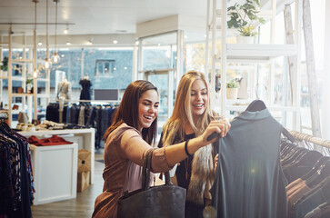 Fashion, shopping and help customer with clothes for decision, sales or discount at luxury mall....