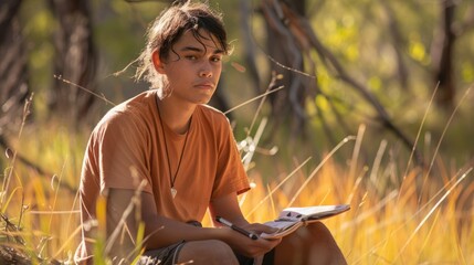 The picture of the australian teenager immersed in drawing wildlife animals in the vast savanna,...