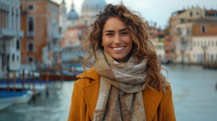 Fototapeta premium Woman Portrait. Happiness and smiling. Standing on street of the city (Venice, Italy). Autumn clothing 