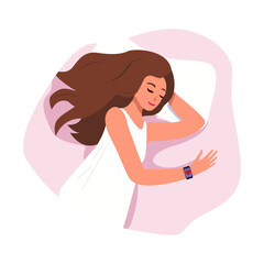 The concept of modern devices. Illustration of a sleeping girl in a smart watch that records health and sleep indicators. Vector illustration in flat style.