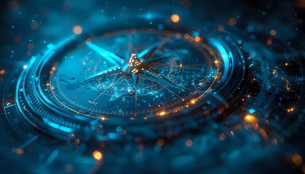 AI Legal Navigator, of a futuristic compass guiding a ship through legal storms, 