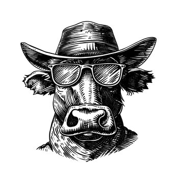 recommend clip art: bull cowboy sunglasses hat engraving black and white outline