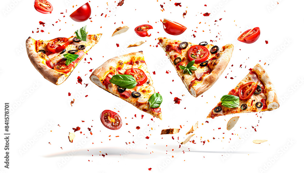 Wall mural Flying slices of tasty pizzas on white background