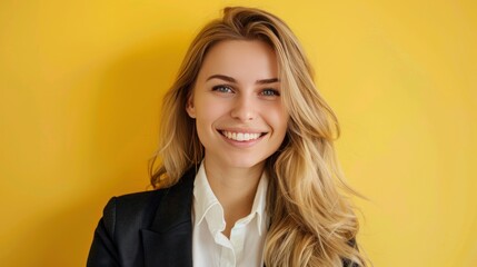 Close up photo portrait of smiling beautiful european businesswoman isolated on yellow background
