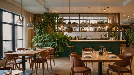 Video animation of cafe exudes a cozy and stylish ambiance. bar counter with stools adds to the trendy atmosphere