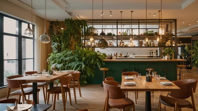 Video animation of cafe exudes a cozy and stylish ambiance. bar counter with stools adds to the trendy atmosphere