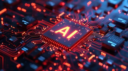 A close-up of a glowing red microchip labeled "AI", surrounded by intricate circuitry and electronic components, symbolizing artificial intelligence technology.