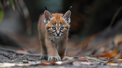 A baby caracal is walking and wants to play 