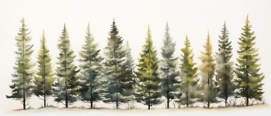 Fototapeta premium A serene watercolor painting of evergreen trees in a forest, showcasing varying shades of green and a tranquil ambiance.