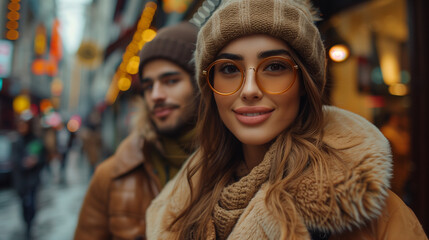 Fototapeta premium Couple in winter on the street of European city. Fashion shot. Holidays, smiling, shopping, autumn, hat, model, jacket