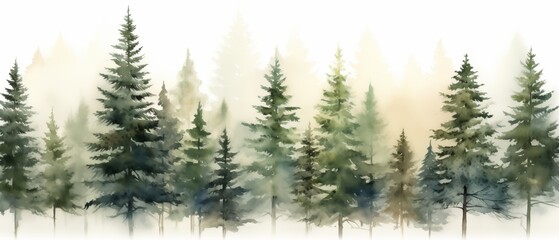 A serene watercolor painting of a dense forest with tall pine trees, shrouded in mist, creating a tranquil and ethereal atmosphere.