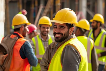 Smiling Construction Worker in Safety Gear at Worksite