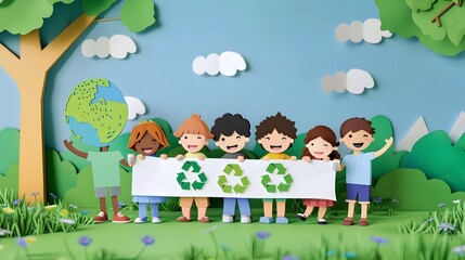 Children Holding Earth Day Banner with Eco Friendly Slogan in Papercut Nature